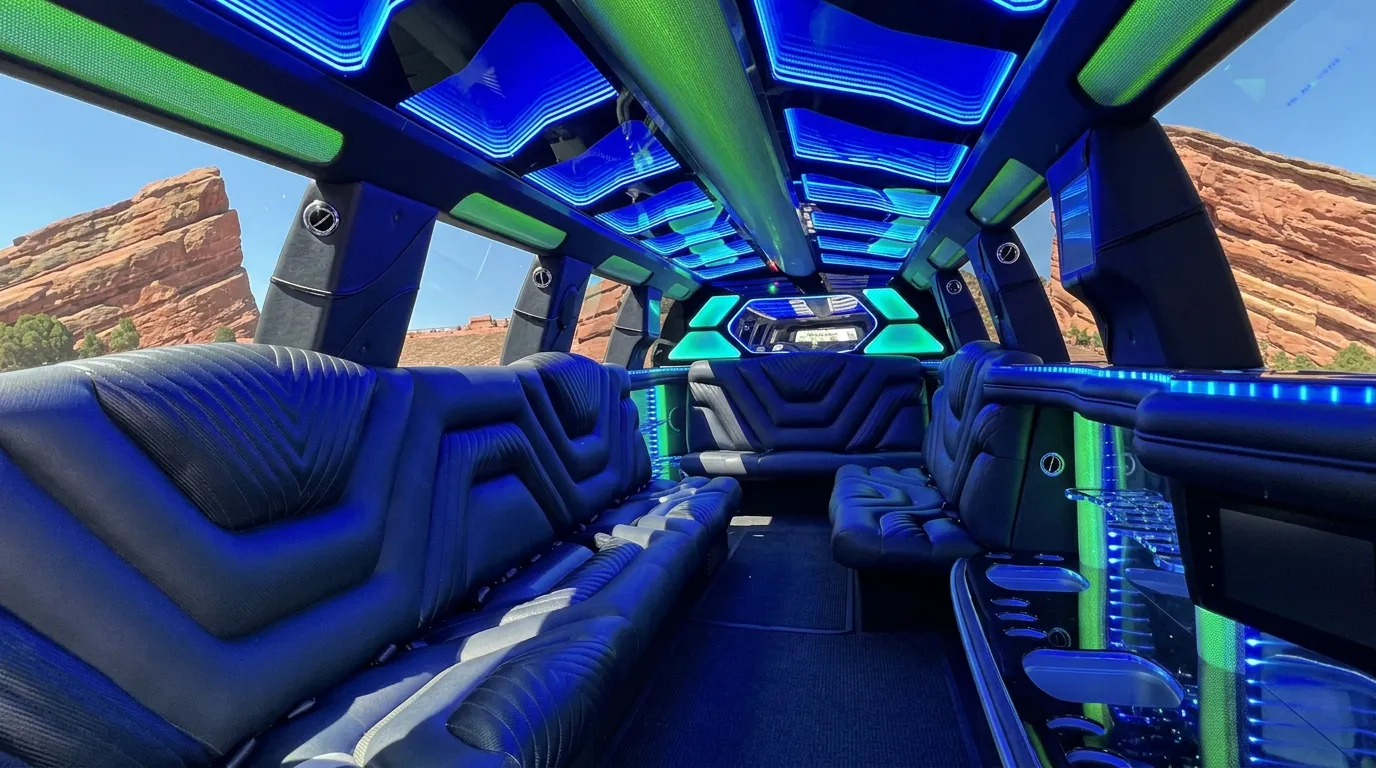 Inside the Chevy Suburban limo in Manitou Springs: LED light-show ceiling, leather lounge seating and lit bar
