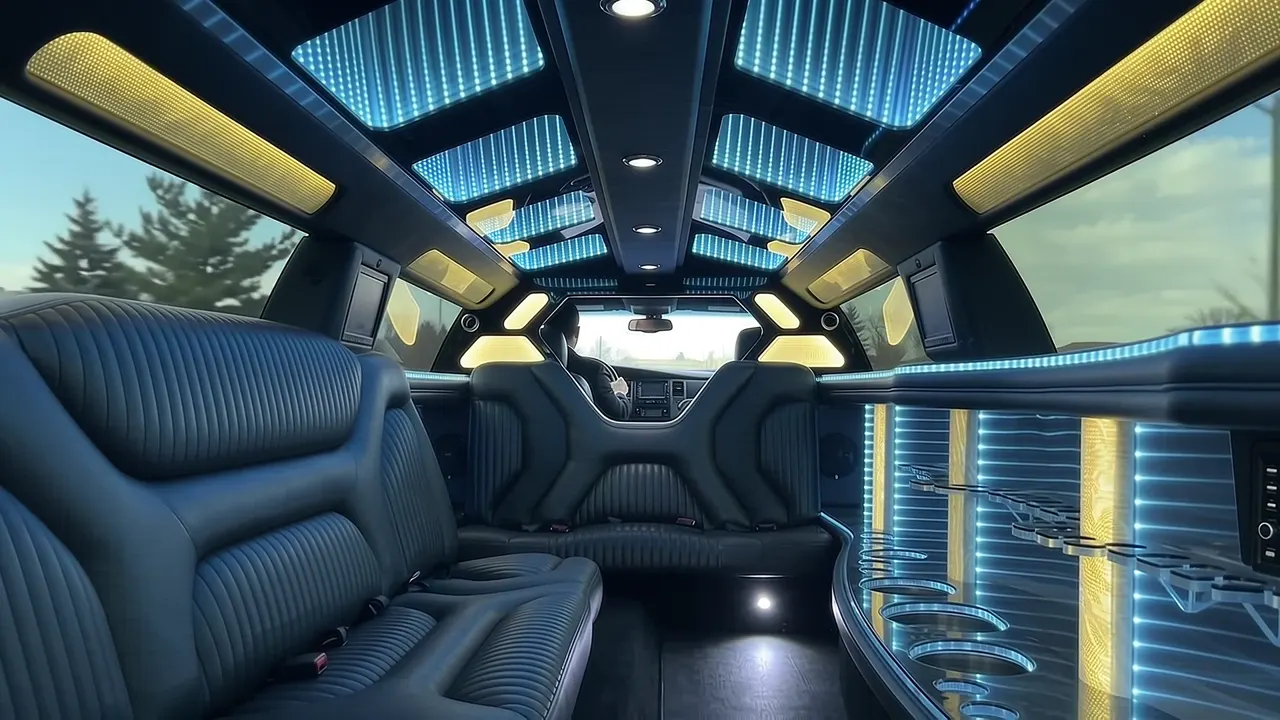 Inside the Dodge Charger limo in Manitou Springs: LED light-show ceiling, leather lounge seating and lit bar