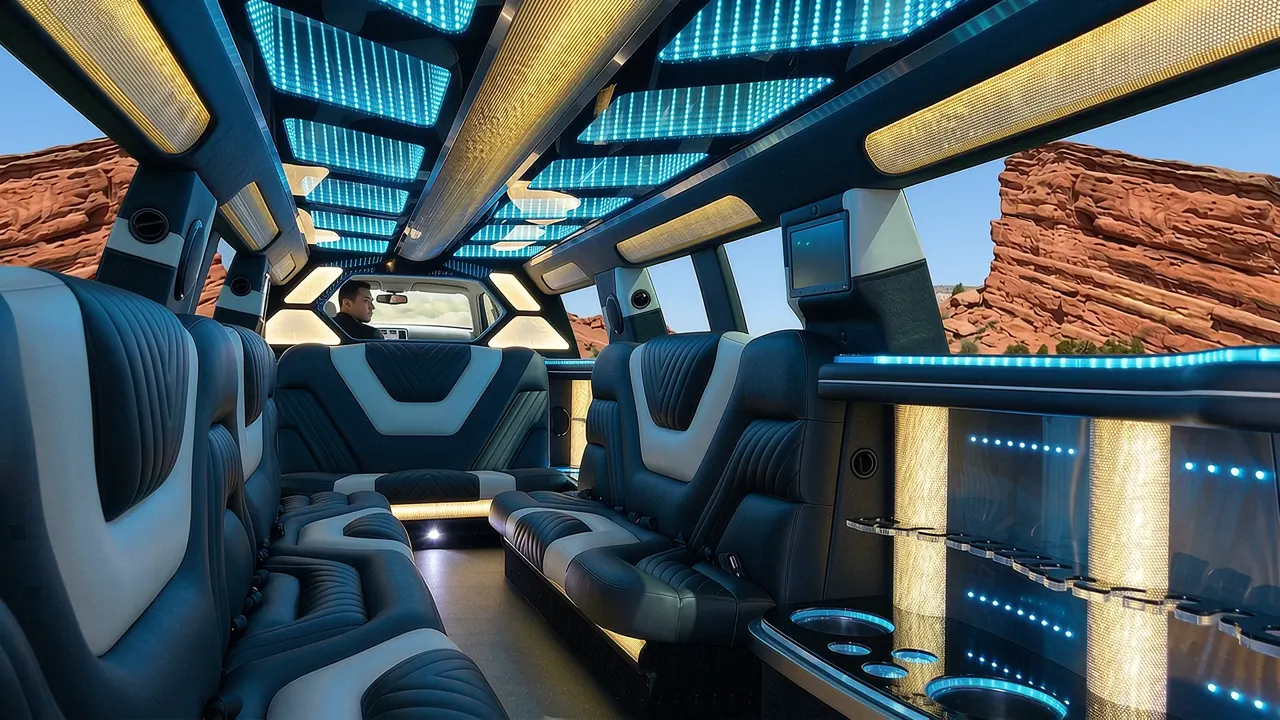 Inside the Mercedes GLS limo in Manitou Springs: LED light-show ceiling, leather lounge seating and lit bar